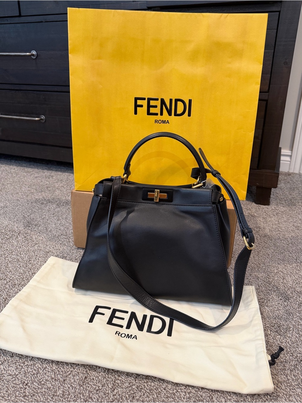 Fendi Roma Black Top Handle Peekaboo with shopping bag & Dust Bag & COA